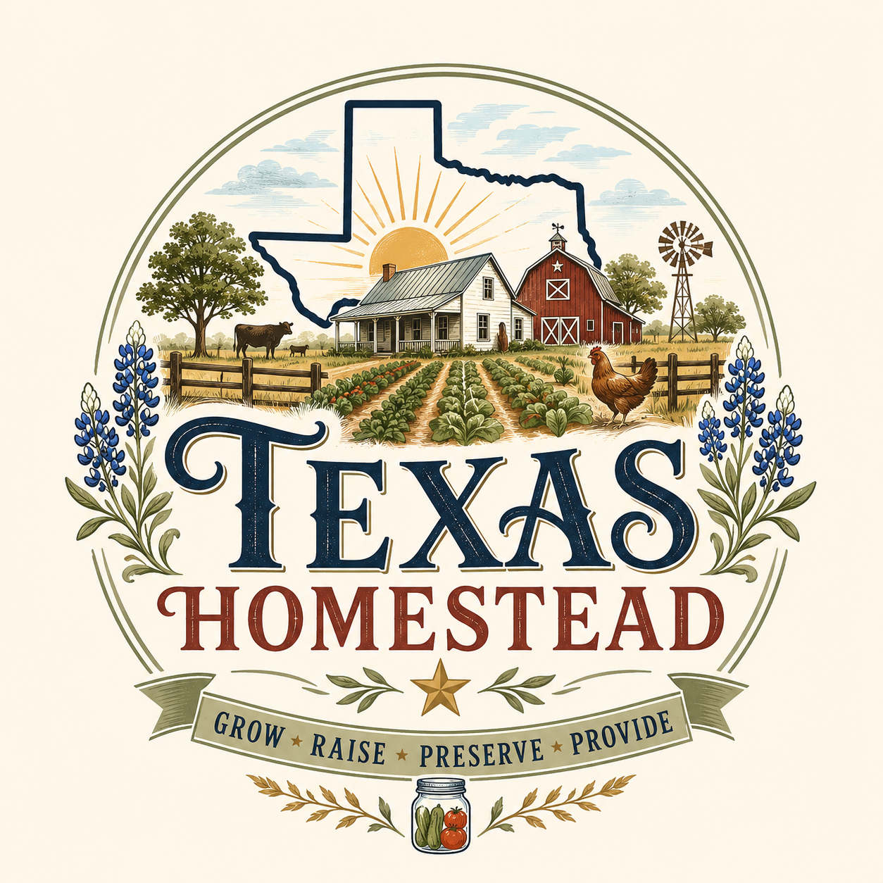 Texas Homestead logo with Texas-inspired farmhouse, land, and homesteading elements